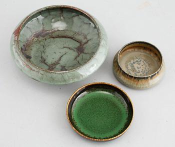 Three unique stoneware bowls, designed by Carl-Harry Stålhane for Rörstrand, signed, two dated -63 and -67.