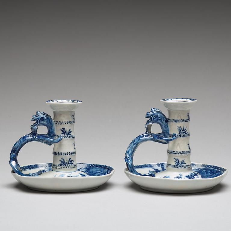 A pair of blue and white candle sticks, Qing dynasty, Qianlong (1736-95).