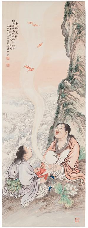 A Chinese scroll painting, signed Huang Zhouyuan with dedication to Na Wufu, 1930s.