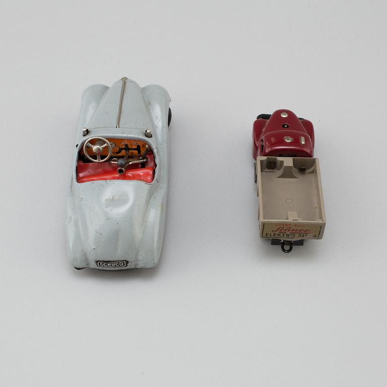 Two 1950s Schuco toy cars, Germany.