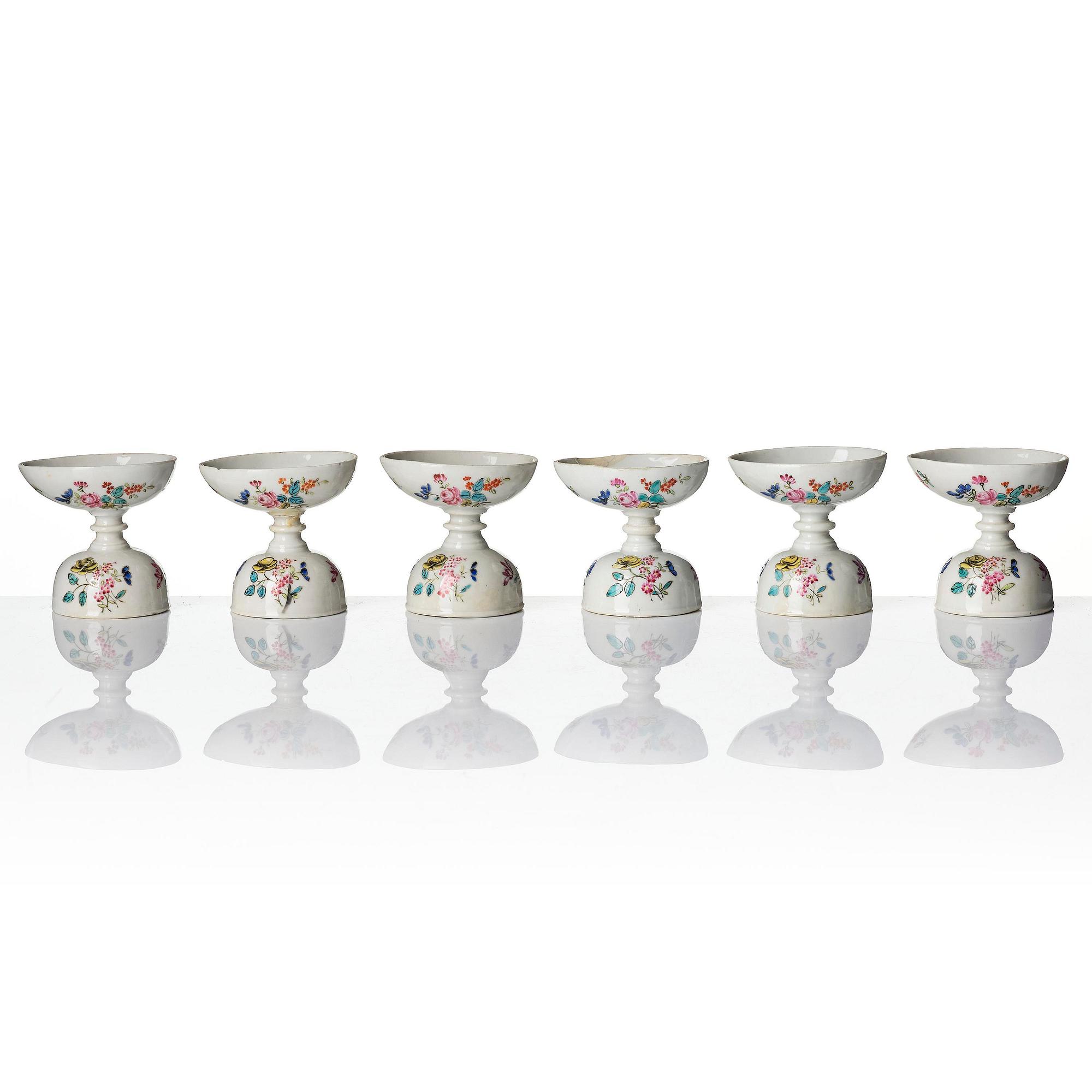 A set of six famille rose egg cups, Qing dynasty, 18th century.