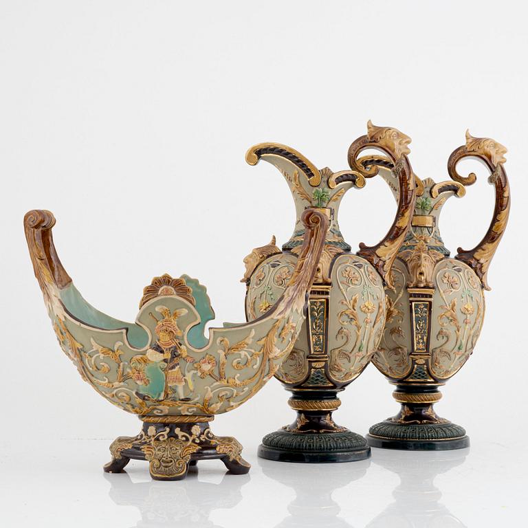 Wilhelm Schiller & Son, a pair of majolica jugs and a jardinier, Austria, early 20th Century.