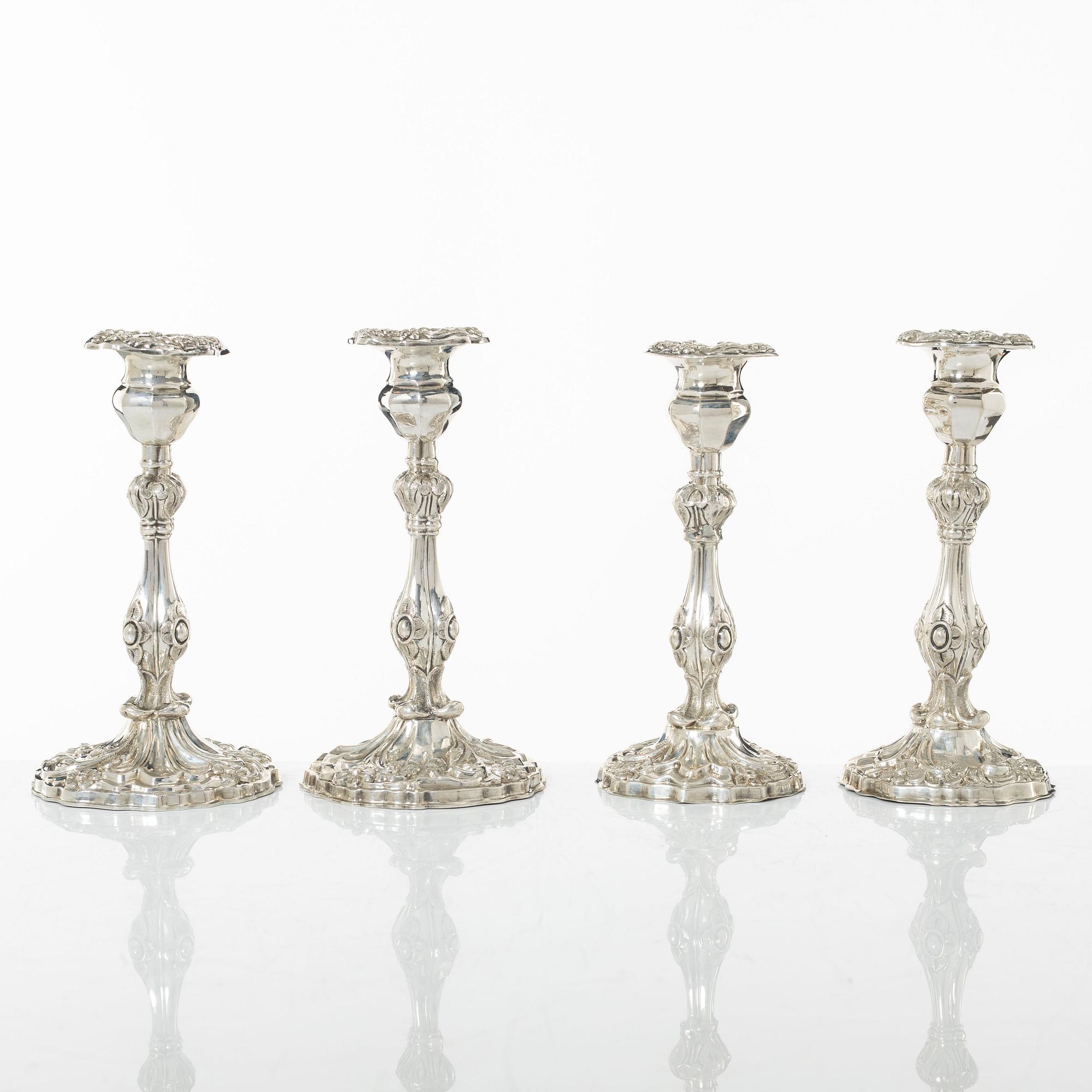 Johan Olof Östlund, ljusstakar, 4 st, silver, nyrokoko, Gävle 1848-1956.