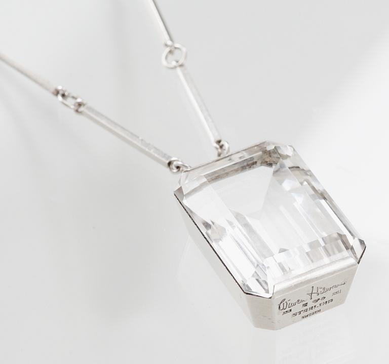 A Wiwen Nilsson sterling and facet cut rock crystal pendant and chain, Lund 1942.