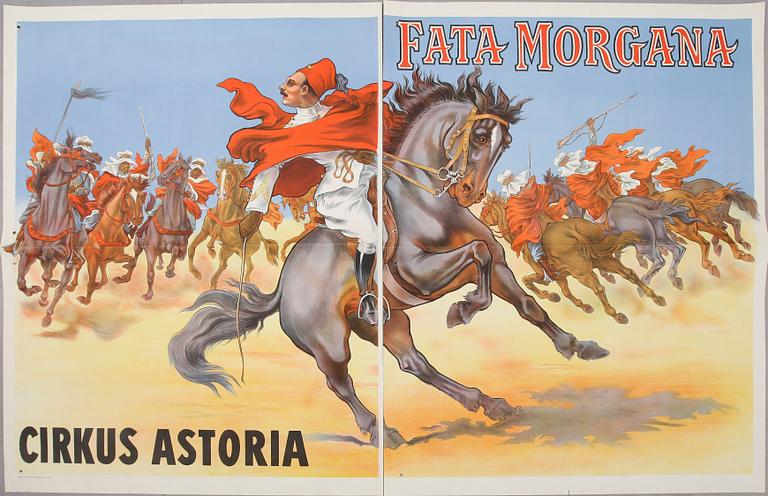 CIRCUSAFFISCH, litografiskt tryck, "Fata Morgana", Cirkus Astoria, 1945.