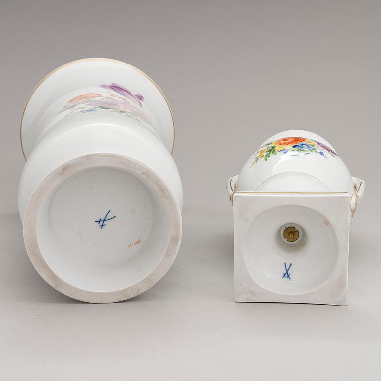 Two Meissen porcelain vases, a platter, an urn and a lidded box from the latter half of 20th century.
