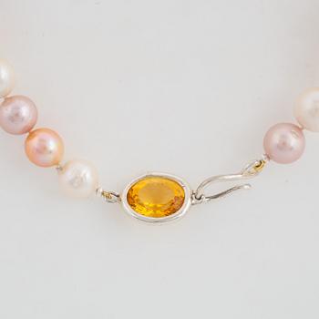 Cultured pink yellow white freaswater pearl collier, clas sterling silver with citrine.