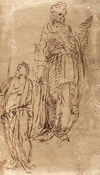 Studier av två kvinnliga figurer, studie av kvinnlig figur med en korg verso.