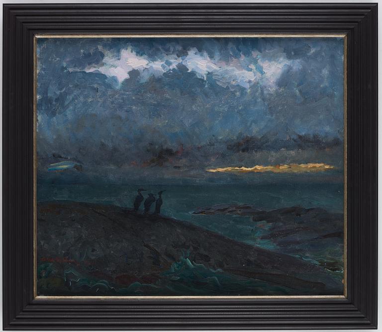 Axel Sjöberg, "Kväll vid Långviksskär med skarfvar".