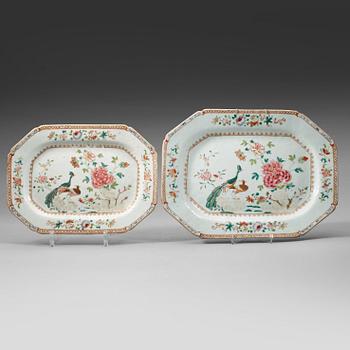 256. Two famille rose 'double peacock' dishes, Qing dynasty, Qianlong (1736-95).