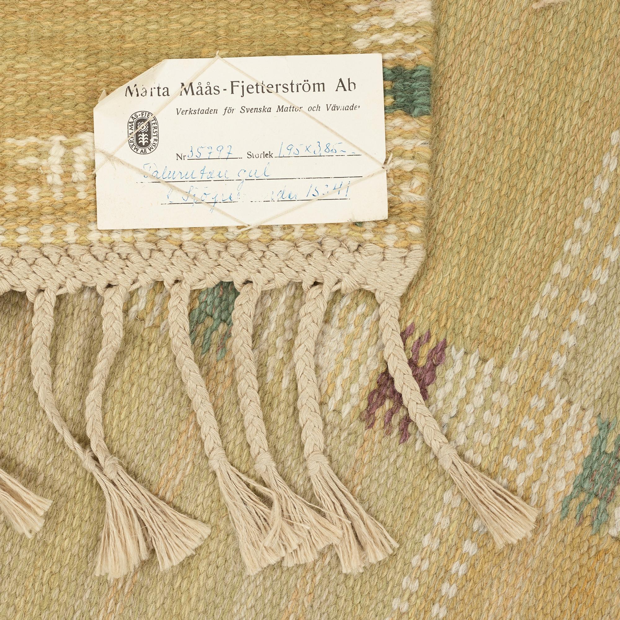 Barbro Nilsson, A CARPET, "Falurutan gul", flat weave, ca 390 x 201 cm, signed AB MMF BN.