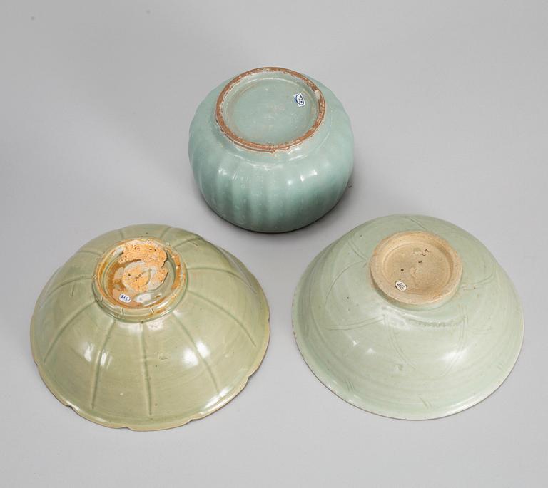 A group of three celadon bowl, South East Asia, 17th Century and later.