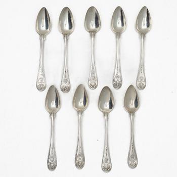 Nine Swedish silver teaspoons from Karlskrona, including with mark of Petter Fredrik Sundberg, 1853.