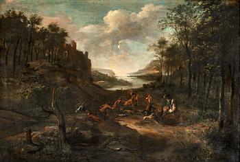 379. Jan Wyck Attributed to, Landscape with hunting party.