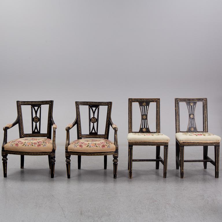A pair of gustavian armchairs and a pair of gustavian chairs, ca 1800.