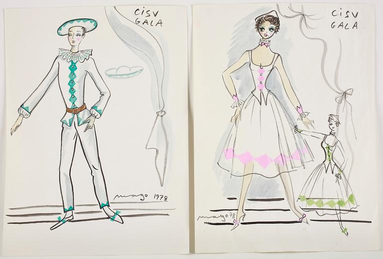 MAX GOLDSTEIN (MAGO) dräktskisser, kostymteckningar, fotografier, delvis sign, ca 40 st.