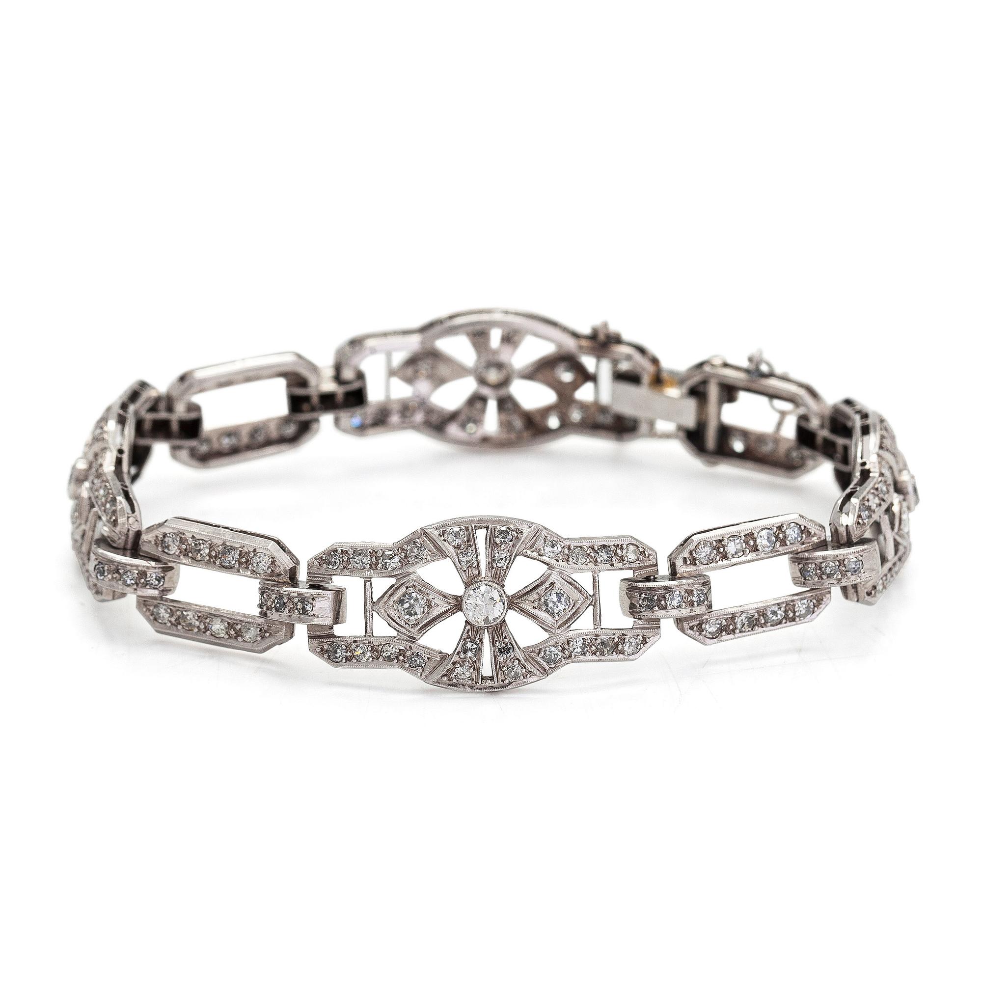Rannekoru, Art Deco -tyyli, platinaa, briljantti- ja 8/8 hiottuja timantteja yhteensä n. 2 ct.