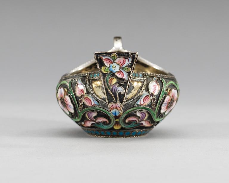 A RUSSIAN SILVER-GILT AND ENAMEL KOVSH, makers mark of the 20th Artel, Moscow 1908-1917.