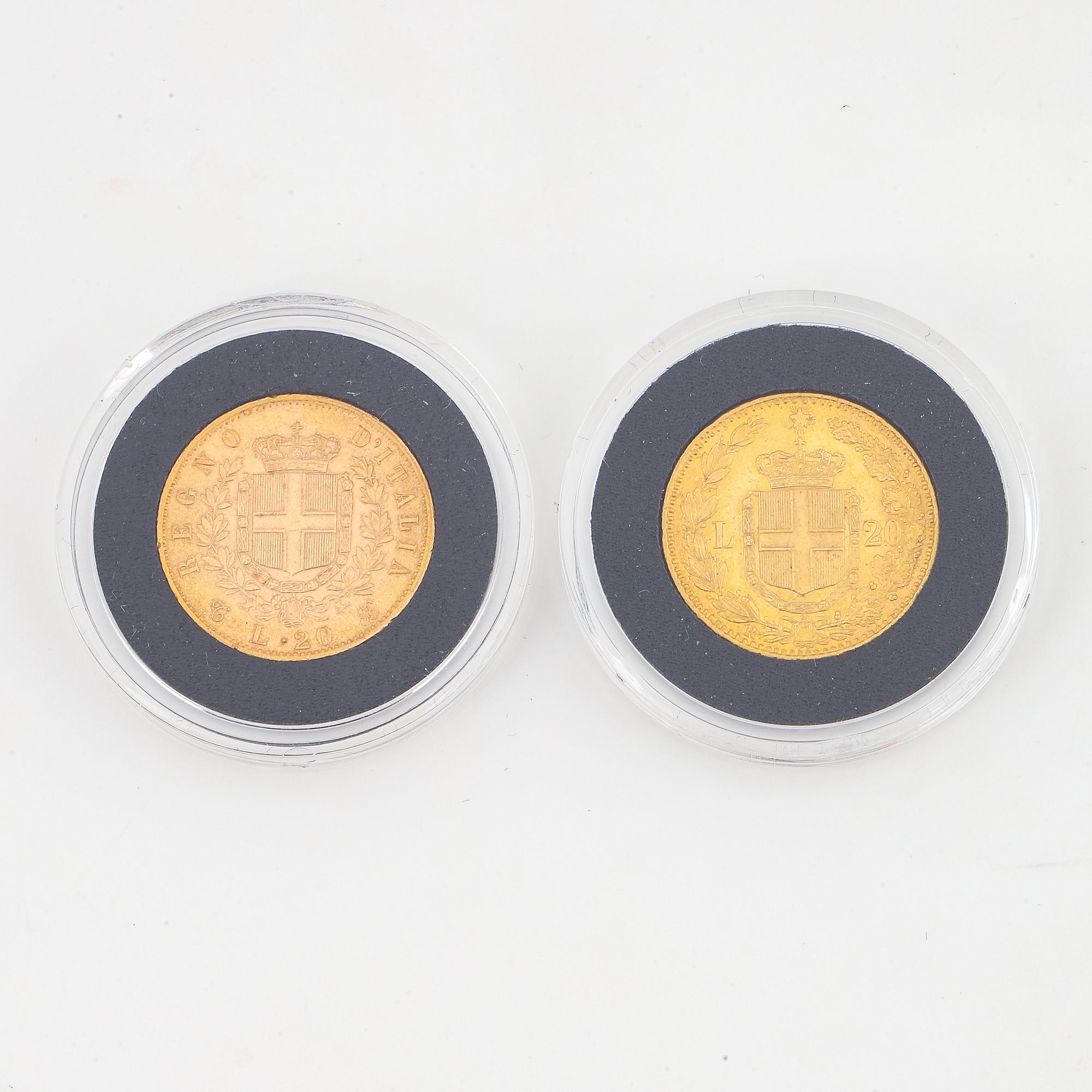 Two Italian 20 Lire gold coins, 1863 & 1888.