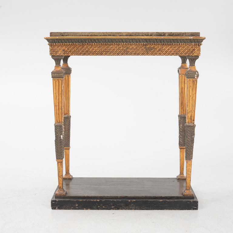 A giltwood, patinated, and faux-marbre console table in the manner of J. Frisk, Stockholm, circa 1800.