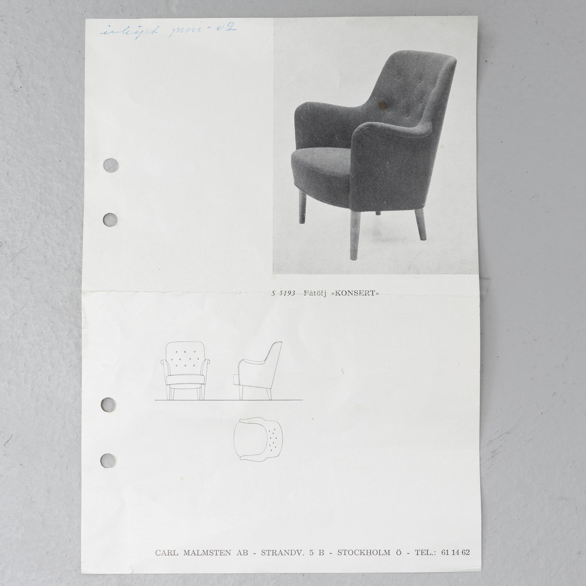 Carl Malmsten, a 'Konsert' armchair, Carl Malmsten AB, Sweden, 1962.