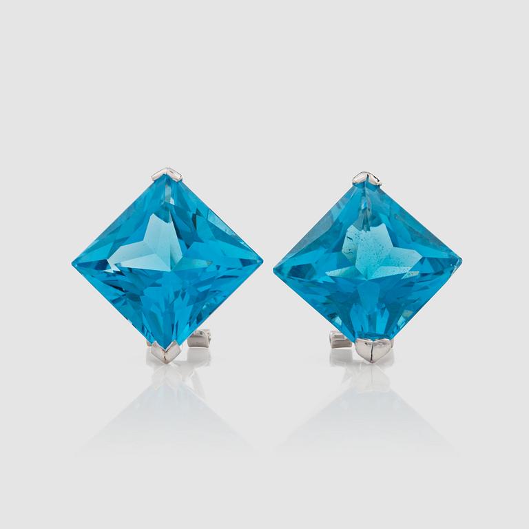 A pair of blue topaz earrings. Total carat weight circa 40.00 cts.