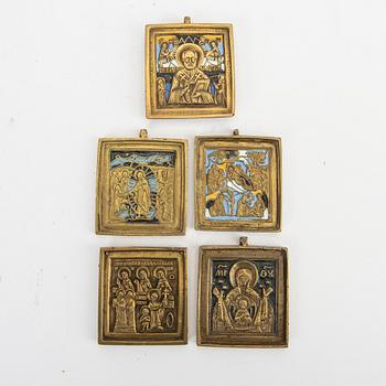 A set of five Russian brass and enamel Icons around 1900.