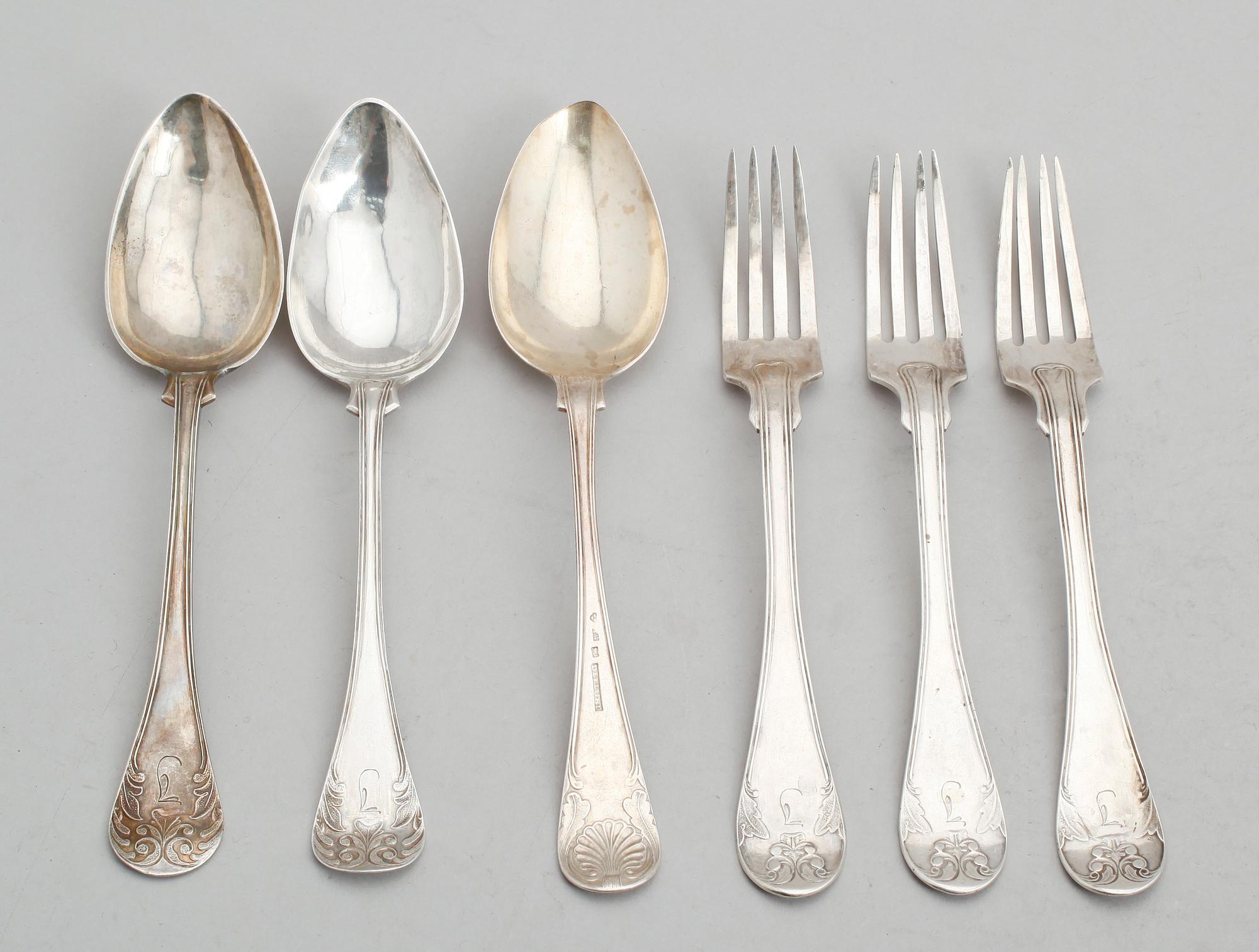 BESTICK, 6 delar, silver, olika modeller, 1800-tal. Vikt ca 363 gram.