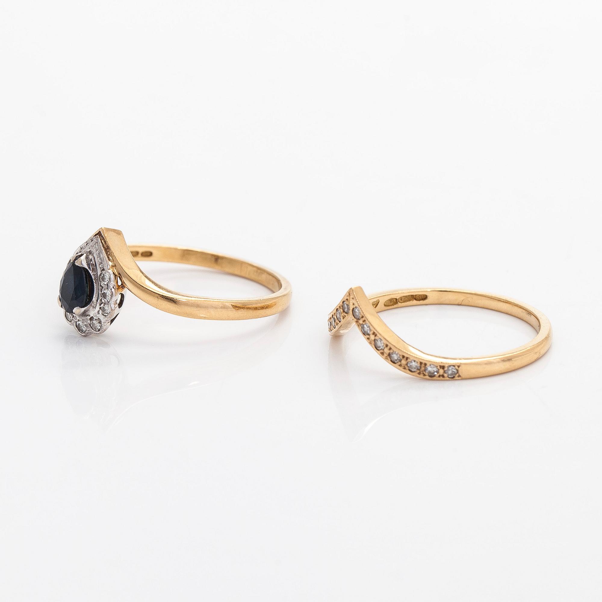 Rings, 2 pcs, faceted sapphire, brilliant- and 8/8-cut diamonds, 18K gold.