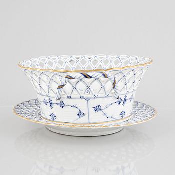 A 'Blue Fluted Full Lace' porcelain Fruit Bowl and Stand, Royal Copenhagen, model number 1052 and 1099, 1893-23.