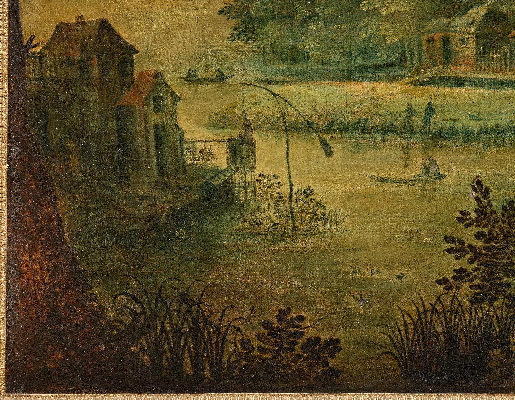 Flemish school, 16th/17th century in the manner of Anton Mirou, Landscape with figure staffage by a village.
