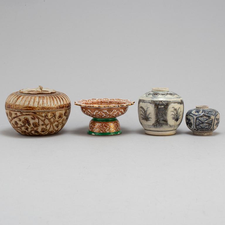Three jars, and a footed dish, Sawankhalok, for South East Asia, 15th century to circa 1900.