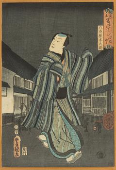 Utagawa Kunisada, two woodblock prints in colours, mid 19th century.