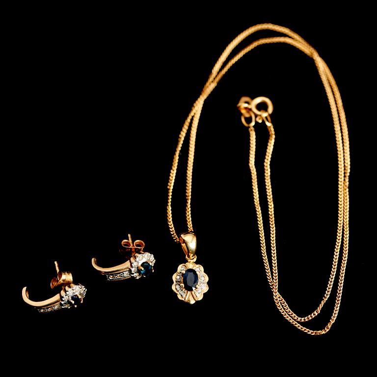 GARNITYR, 3 delar, 18 k guld, safir samt diamanter.