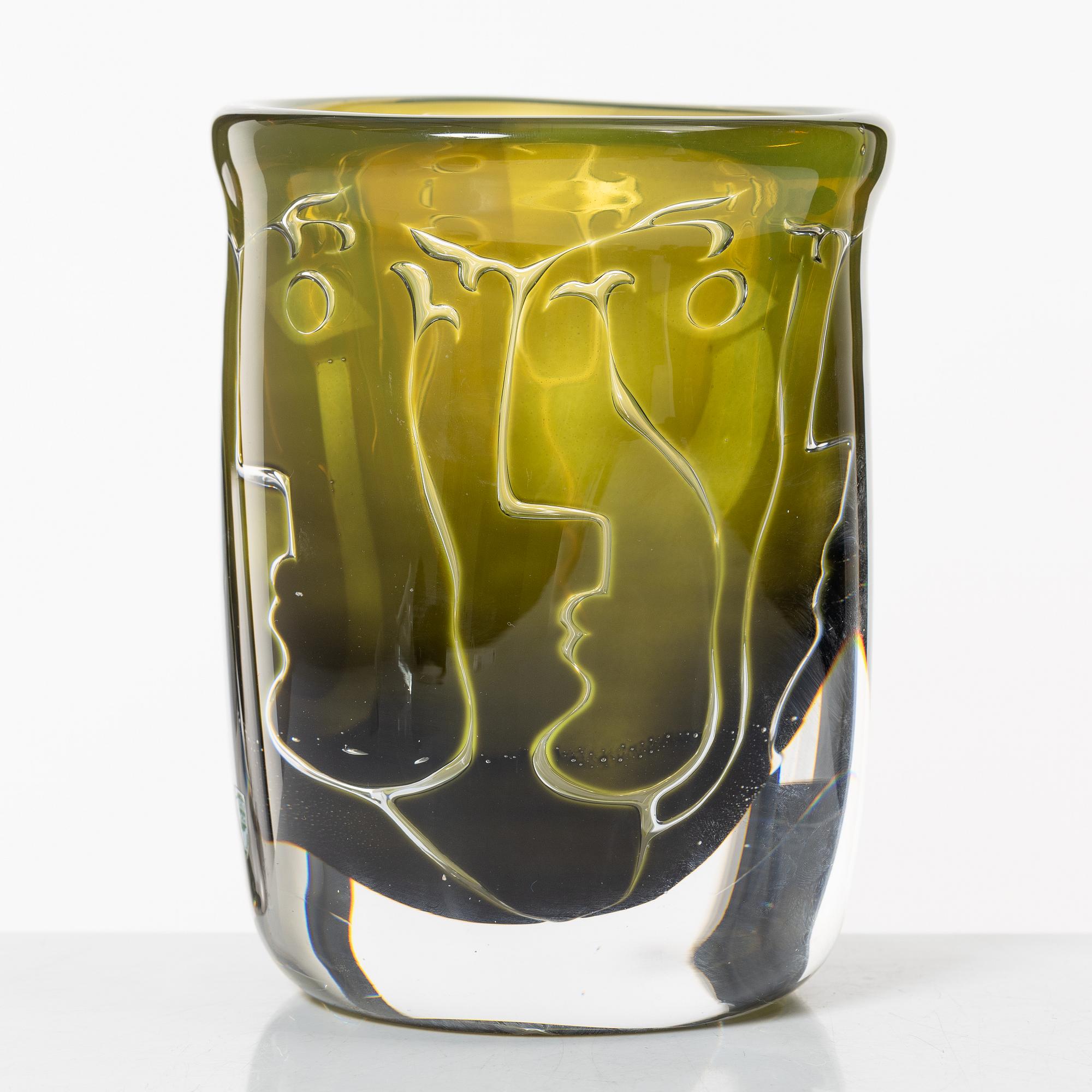 Ingeborg Lundin, Vase, glass, Ariel, "Faces", Orrefors, second half of the 20th century.