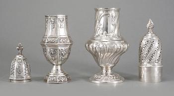 SOCKERSTRÖARE, 2 st, silver, delvis London, 1800-talets slut, vikt 393 gram.