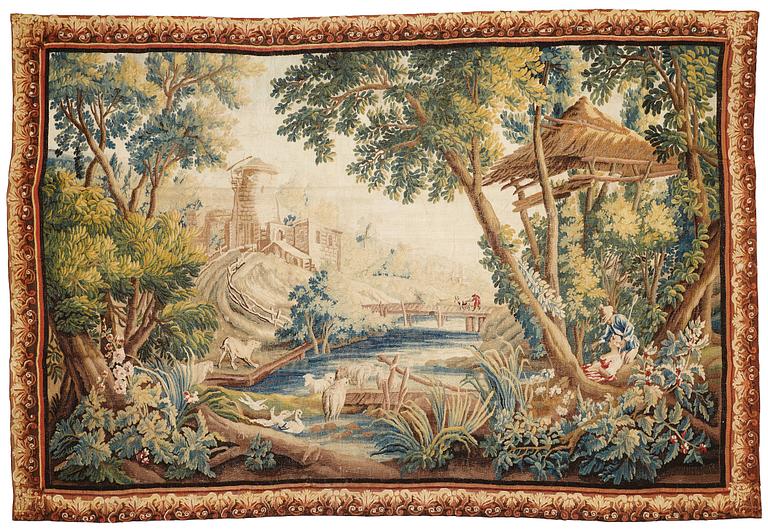 VÄVD TAPET, "Pastoral scen", gobelängteknik, ca 275,5-278,5 x 407 cm, Aubusson, Frankrike omkring 1700-talets mitt.