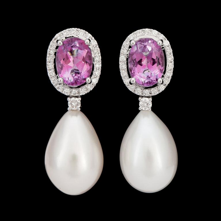 A pair of pink topaz, 3.27 cts in total, diamond, 0.36 ct in total, and cultured drop formed pearl earrings.