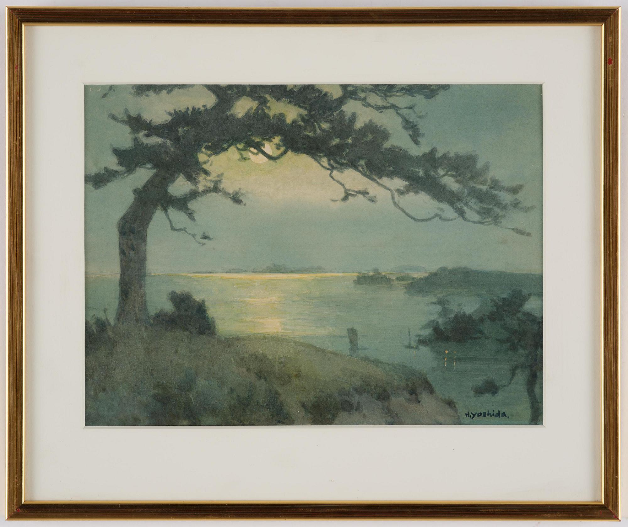 Hiroshi Yoshida, Månlandskap med tall vid kust.