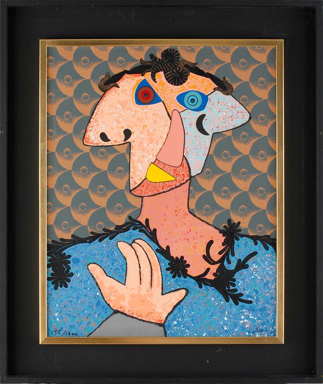 ENRICO BAJ, screentryck med kollage på duk. Sign och numr 156/1200.