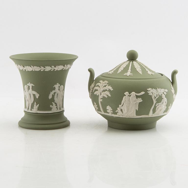 A collection of boxes, plates, and a vase 9 dlr mostly Wedgwood England 20th century jasperware.