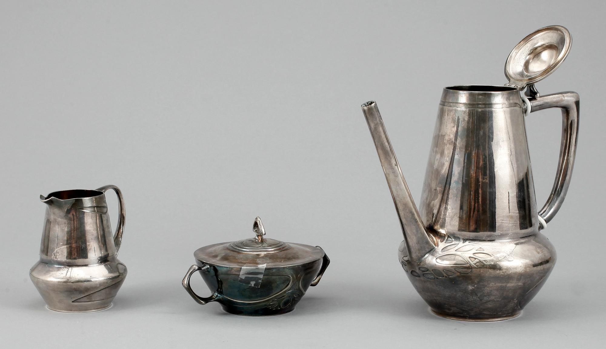 KAFFESEVIS, 3 delar, jugend, Urania, troligen Friedrich Adler, försilvrad metall, 1900-talets början.