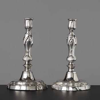 A pair of Rococo candlesticks by Stephen (Friedrich) T. Lemair, privilge in Stockholm 1762, Rococo, 1763.