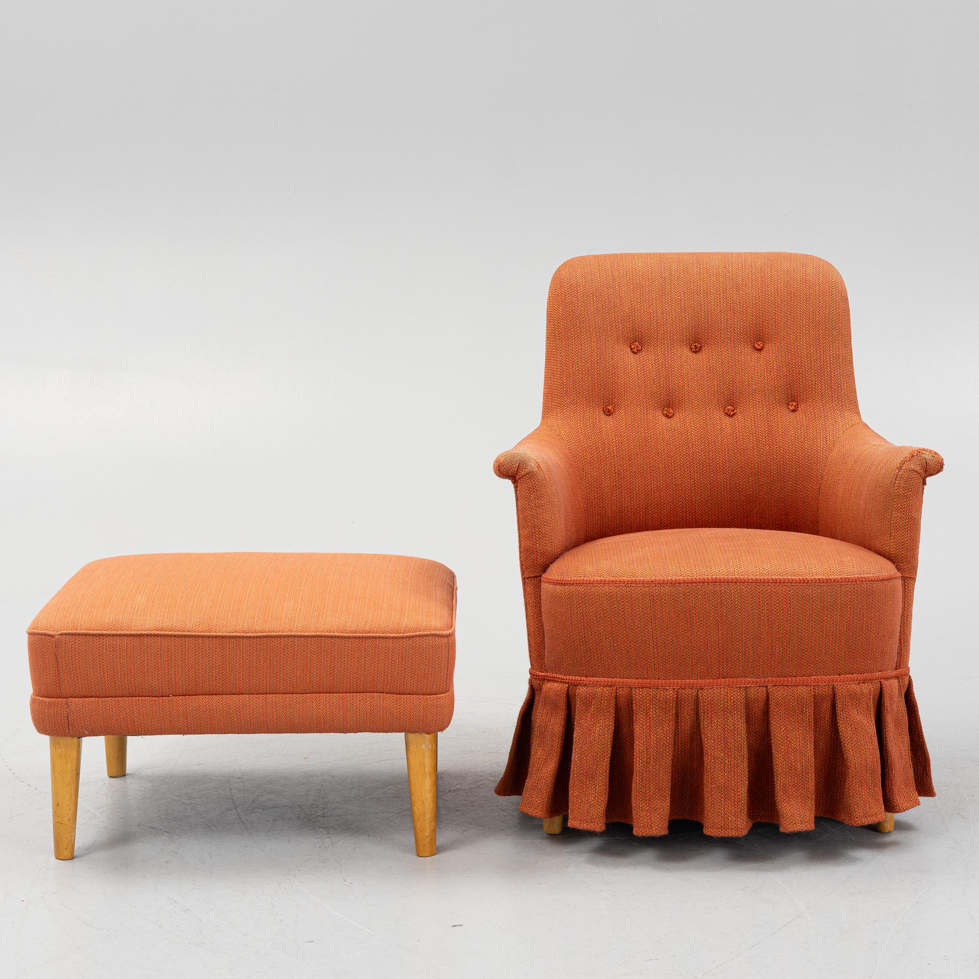 Carl Malmsten, a "Husmor" armchair with a "Farmor" ottoman, Sweden.