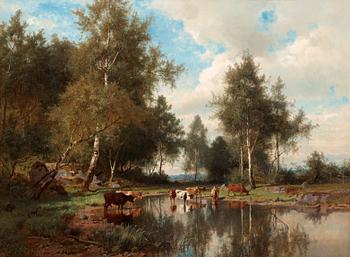 80. Edvard Bergh, Forest landscape with birch trees and cows by water.