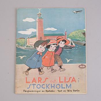 BARNBOK, "Lars och Lisa i Stockholm" med text av Nils Ferlin, färgteckningar av Gösta Bjelkebo, 1937.