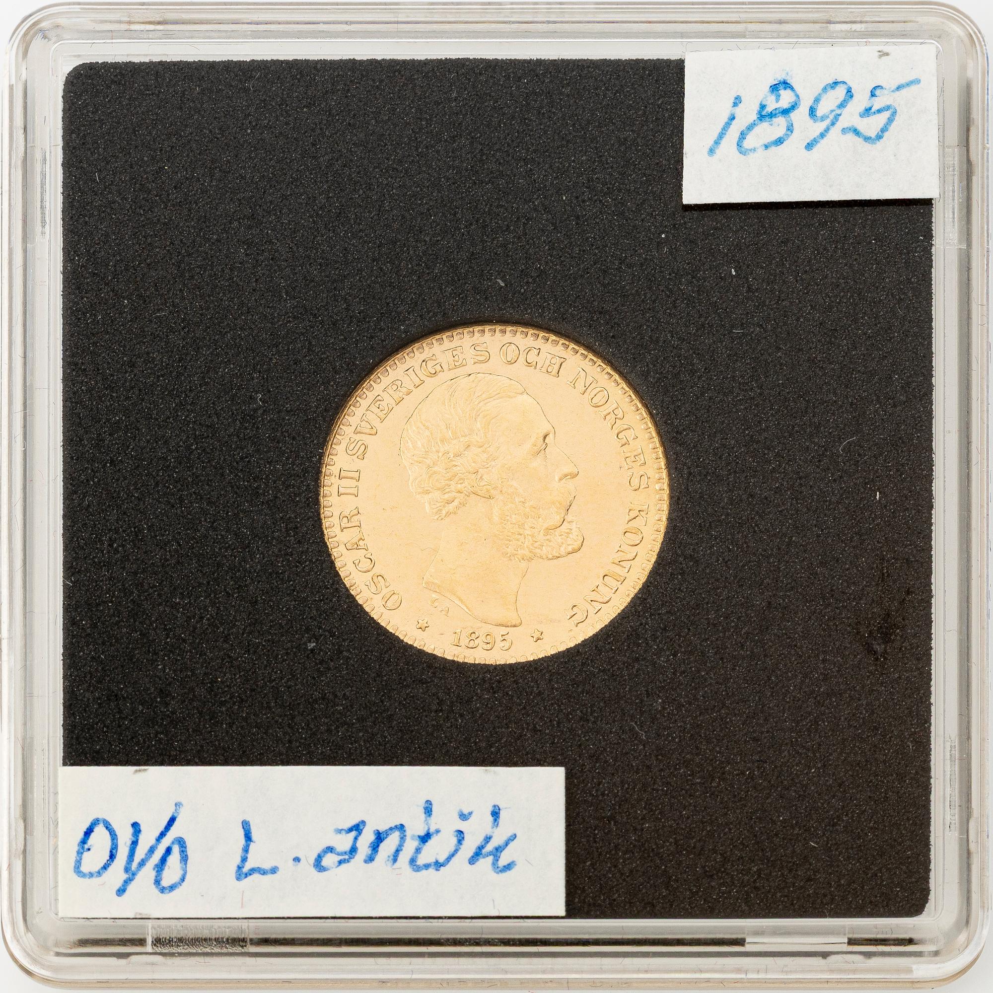 Gold coin, Oscar II, 10 kronor, type II, Sweden 1895.