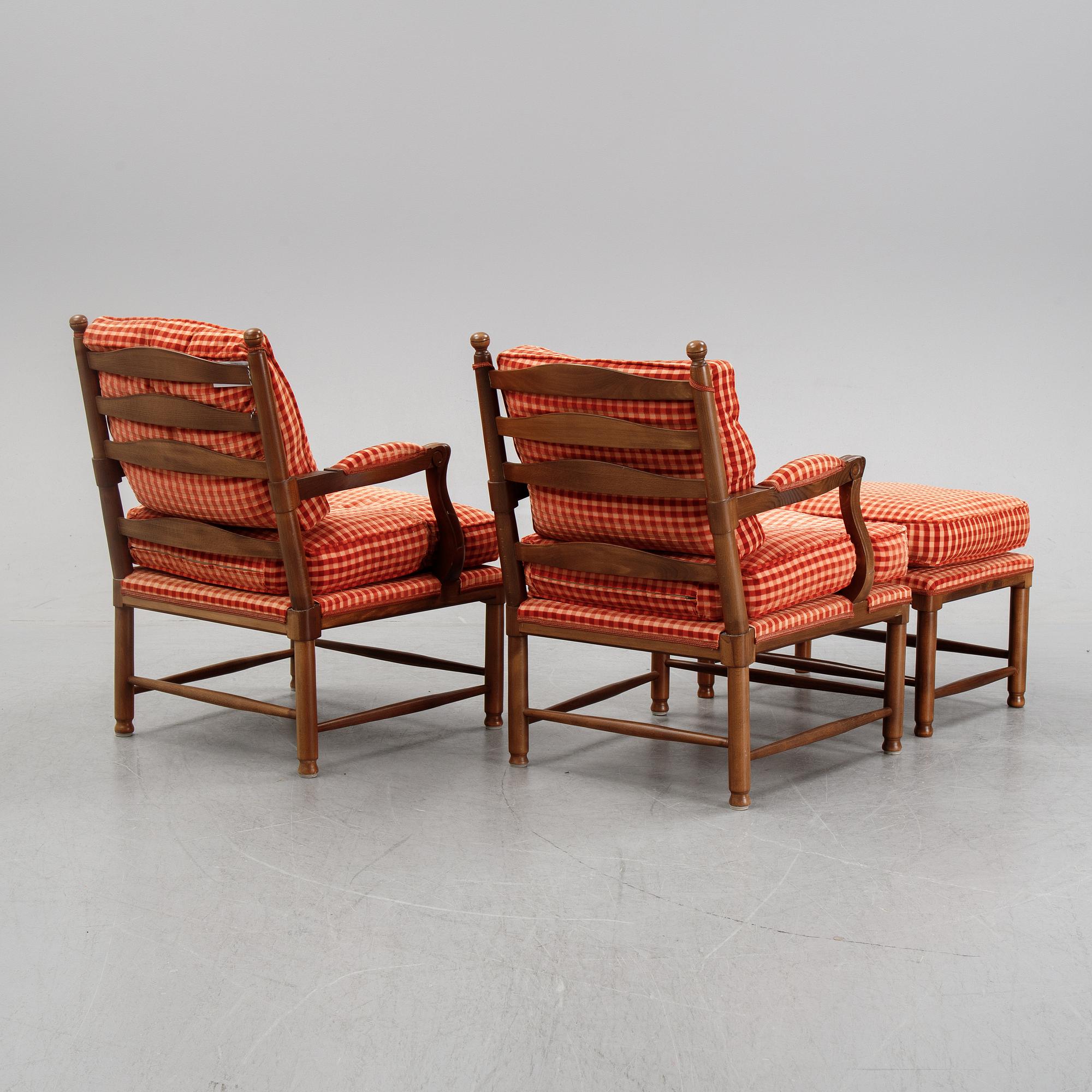A pair of Gustavian style armchairs with one stool, second half of the 20th Century.