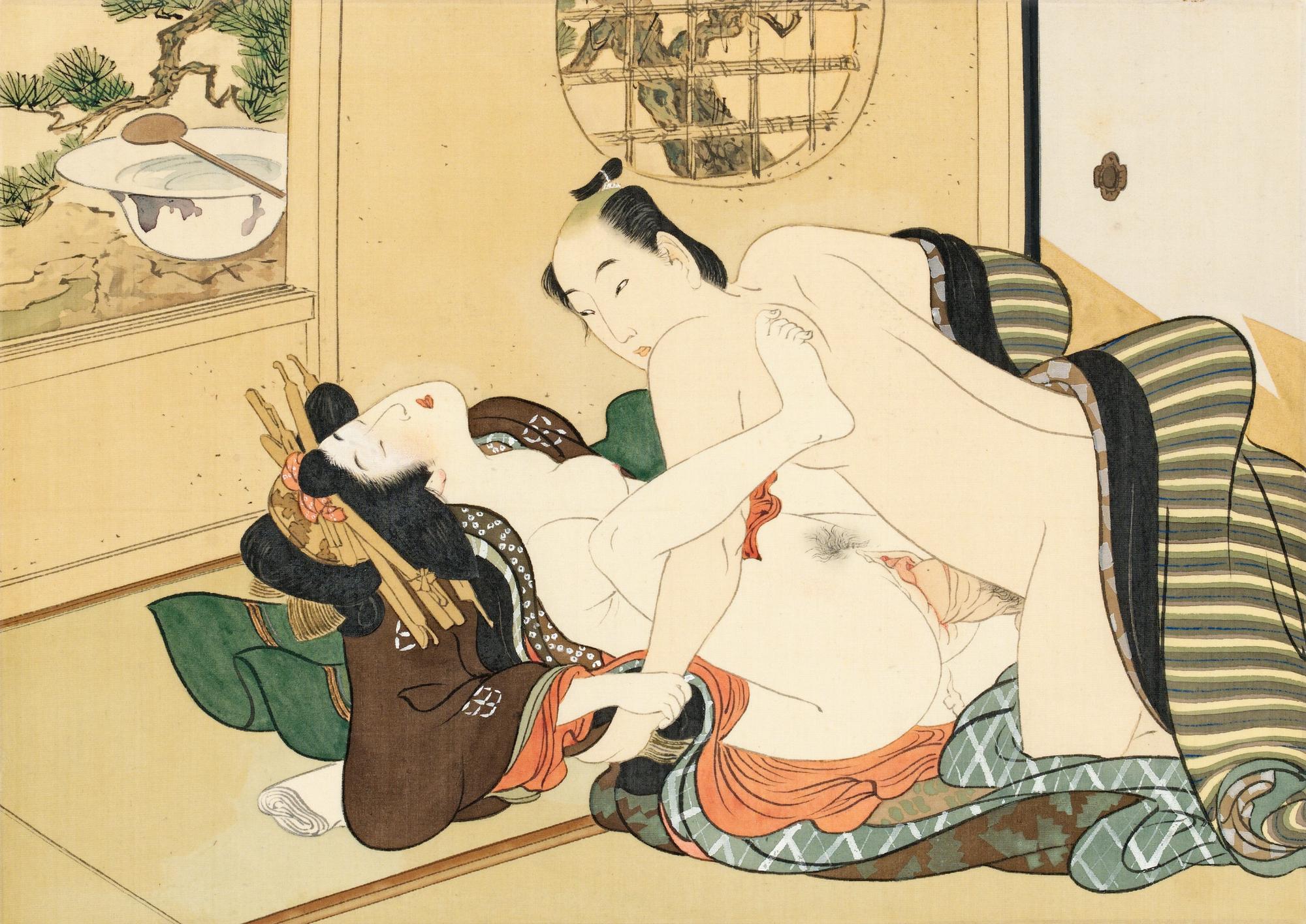 KONSTNÄR FRÅN UTAGAWA SKOLAN,
Shunga album, Japan, sen Edo (1603 - 1868) eller Meiji (1868-1912).
12 målningar på siden.