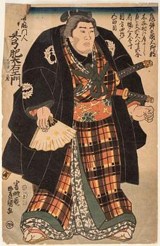 UTAGAWA KUNISADA, även kallad Toyokuni III (1786-1864). färgträsnitt. Japan, sanomkring 1860. "Brottare i rutig kimono".